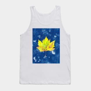 Yellow watercolour autumn leaf on a blue cyanotype background Tank Top